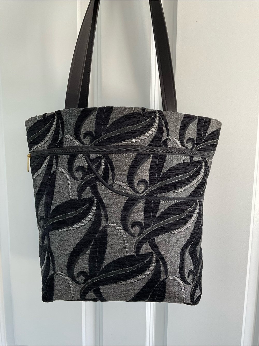 Danny K. Gray and Black Floral Jacquard Shoulder Bag with Gold-Tone Zipper